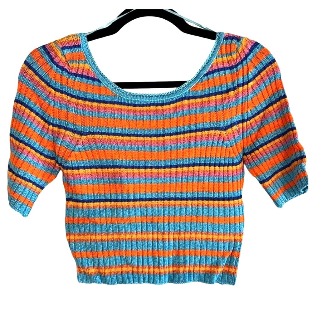 Free People Striped Ribbed Knit Crop Top Boho Short Sleeve Size M NWT Retro